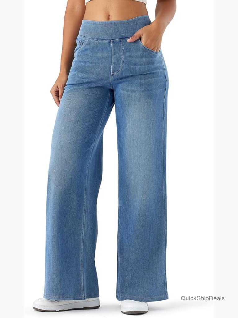 Baggy Wide Leg Relaxed Fit High Waisted Pull On Stretch Jeans With Pockets